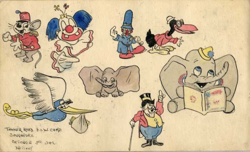 Cartoon Characters, Towner Road POW Camp, Singapore (3rd October 1942) |  The Changi POW Artwork of Des Bettany
